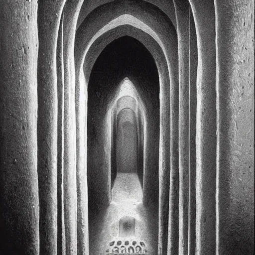 Image similar to cathedral, dungeon, sepulcher, oubliette. unsettling. semi - organic. tunnel, doorways. zdzisław beksinski