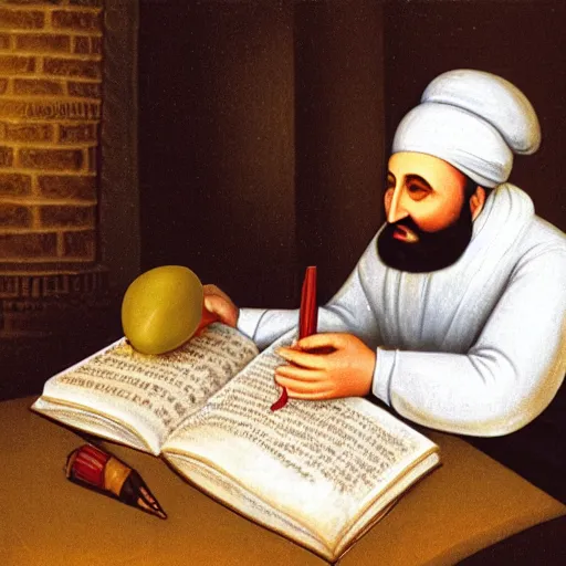 Image similar to maimonides writing by candlelight, in the style of a veggie tales cartoon