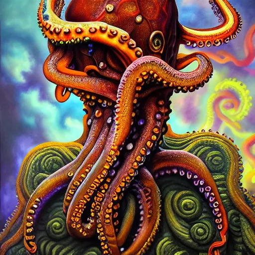 Prompt: an intricate oil painting of a stoic octopus dressed as an ancient warrior smoking a pipe in the style of junji ito and dark fantasy, ornate, psychedelic, rainbow color scheme, detailed, cinematic, diffuse lighting, magic realism, artstationhq, unreal engine 5, volumetric light