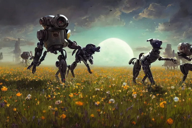 Image similar to robot dogs playing in a field of flowers, blue sky, huge moons by phil foglio and greg rutkowski and james gurney, trending on artstation, hdr, highly detailed