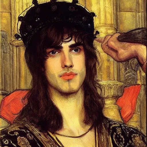 Image similar to painting of handsome beautiful medieval prince in his 2 0 s named shadow wearing a golden crown, elegant, soft facial features, clear, sharp focus, painting, stylized, art, art by john everett millais, john william waterhouse