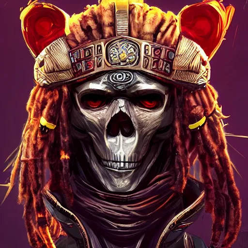 Prompt: a golden skull face monkey warrior with a ruby in his forehead, and dreadlocks, Apex Legends character, digital illustration portrait design, by android jones and greg rutkowski, retrowave color scheme, detailed, cinematic lighting, wide angle action dynamic portrait