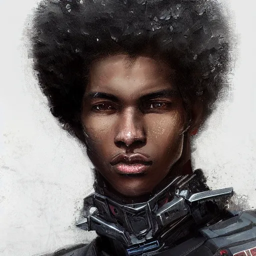 Image similar to portrait of a man by greg rutkowski, he is about 2 0 years old, mixture between afroamerican and japanese, afro hair, young, very tall and slender, he is wearing a futuristic police gear, highly detailed portrait, digital painting, artstation, concept art, smooth, sharp foccus ilustration, artstation hq