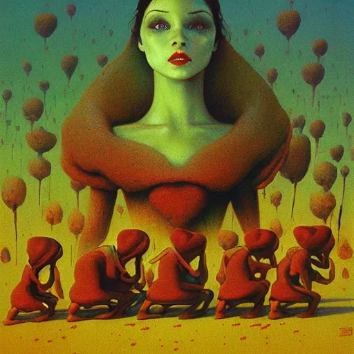 Prompt: Snow White and The Seven Dwarfs in style of Zdislaw Beksinski