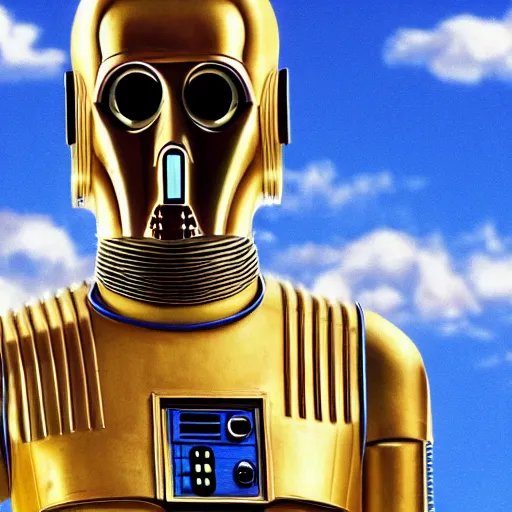 Image similar to entire body portrait of Simpson as C3PO in star wars, background blue sky puffy clouds cinematic 4k