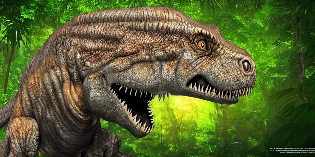 Image similar to photo realism, tyrannosaurus rex cat hybrid, jungle background, 4 k, detailed