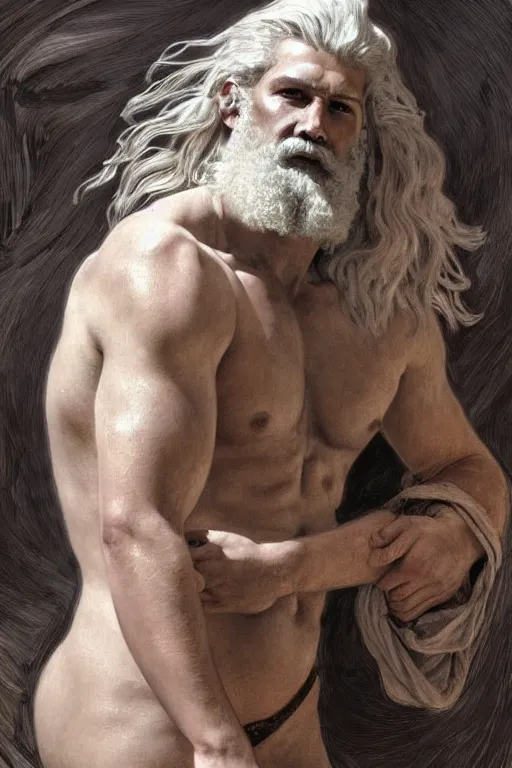 Image similar to painted portrait of rugged zeus, god of thunder, greek god, white hair, masculine, powerful, handsome, opulent, upper body, white robe, muscular, hairy torso, fantasy, intricate, elegant, highly detailed, digital painting, artstation, concept art, smooth, sharp focus, illustration, art by gaston bussiere and alphonse mucha