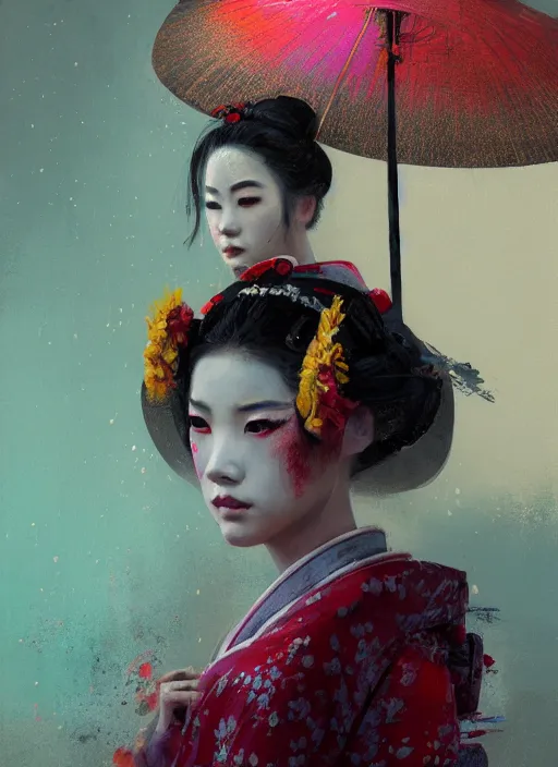 Image similar to female geisha girl, beautiful face, colourful, rule of thirds, intricate outfit, spotlight, by greg rutkowski, by jeremy mann, digital painting