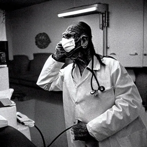 Prompt: a creepy filmic 30mm filmic wide shot ground level angle movie still color film photograph of a 70-year old doctor wearing a surgical mask being overtaken by a dangerous shape shifting alien creature, with multiple mutated snarling drooling human faces with a grotesque variety of gorey human limbs in the style of a live action 1980s horror film, The Thing 1982