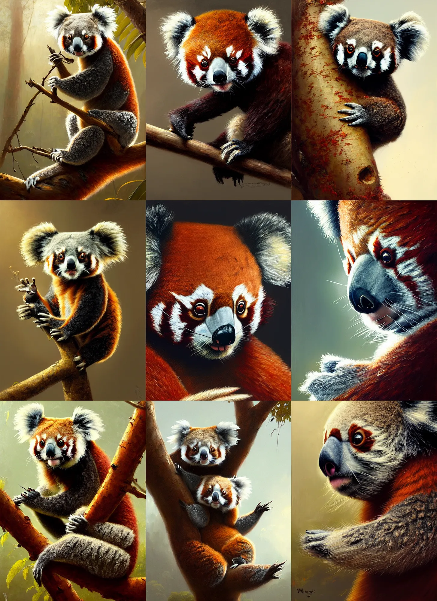 Prompt: highly detailed painting of an anthropomorphic koala red panda by william turner, by greg rutkowski, by william constable, photorealism, 4 k resolution