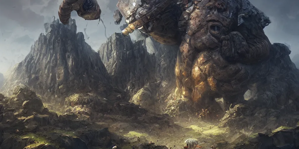 Image similar to a huge golem holding a huge hammer in the middle of a valley, wlop, concept art, digital painting, trending on artstation, highly detailed, epic composition, 8 k uhd