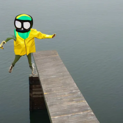 Image similar to Humanoid teal squid standing on two legs wearing yellow raincoat jumping of the edge of a dock in a city that is overwatched by a eye in a hand