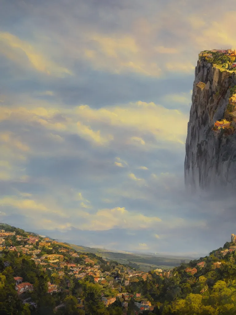 Prompt: painting of cliff, the small city is on the top, yellow sky, view from mount, trending on artstation