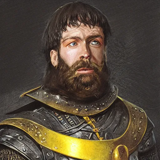 Image similar to Closeup of frustrated male medieval lieutenant with a {short} beard wearing a black!!!! and yellow tabard over a steel breastplate and a black gambeson looking up from a map on a table, intricate, dramatic lighting illustration by Greg Rutkowski, ArtStation, digital art, fantasy