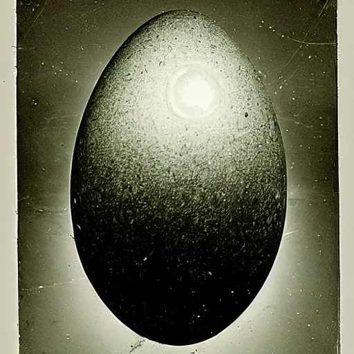 Image similar to an early 1 9 0 0 s photograph of a cracked luminescent alien egg on the beach, moonlight, at nighttime,