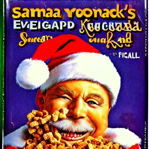 Image similar to grotesque cover illustration on a box of evil Santa kids' sugar cereal