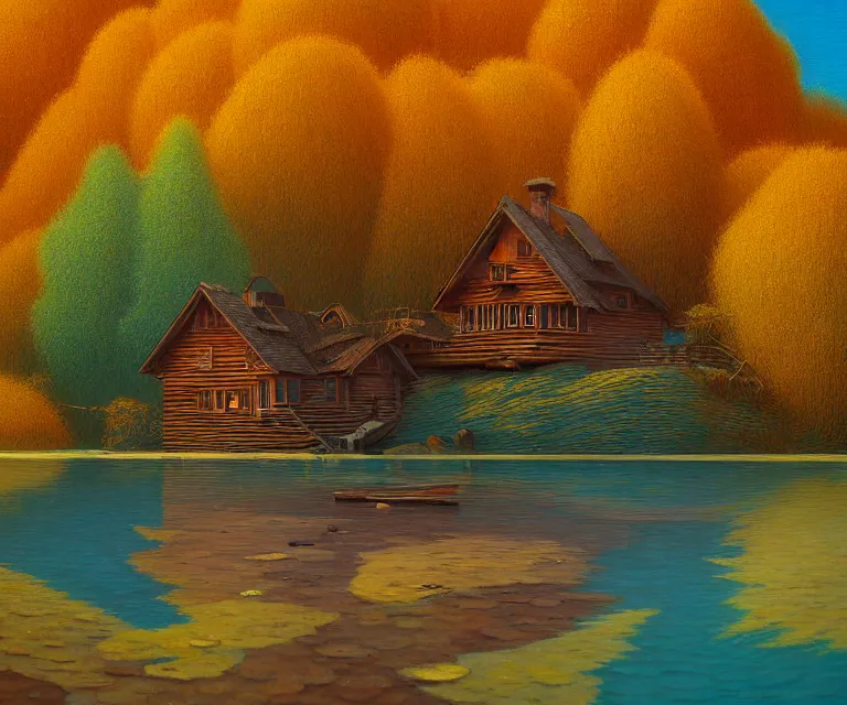 Image similar to hyper detailed 3d render like a Oil painting - a rustic cabin on the shore of a serene blue lake in autumn, by Jacek Yerka, Mariusz Lewandowski, Houdini algorithmic generative render, Abstract brush strokes, Masterpiece, Edward Hopper and James Gilleard, Zdzislaw Beksinski, Mark Ryden, Wolfgang Lettl, hints of Yayoi Kasuma, octane render, 8k