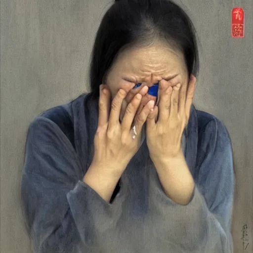 Prompt: A woman crying by Leng Jun