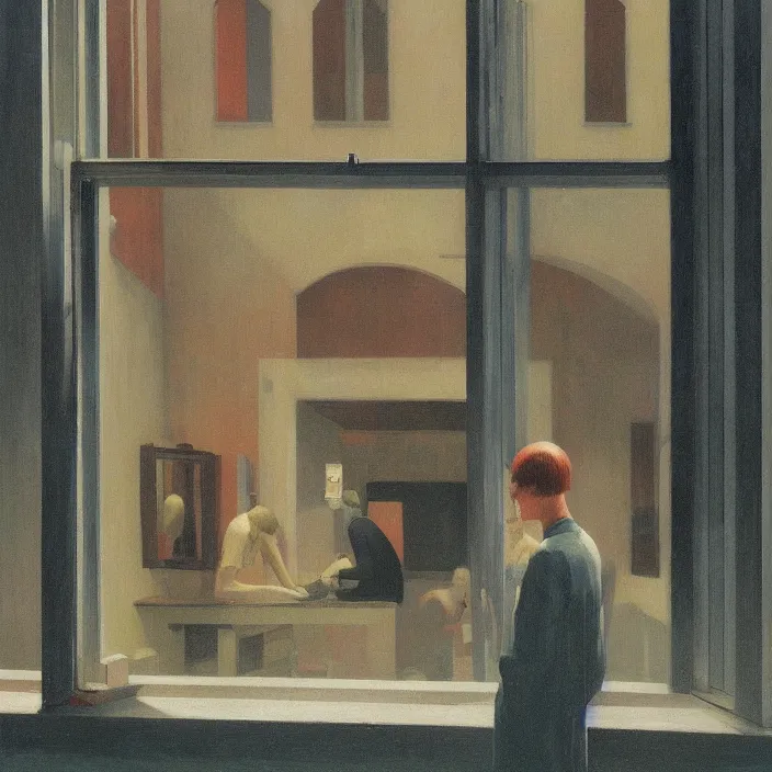 Image similar to wide angle, people inside flooded museum looking through the window Edward Hopper and James Gilleard, Zdzislaw Beksinski, highly detailed