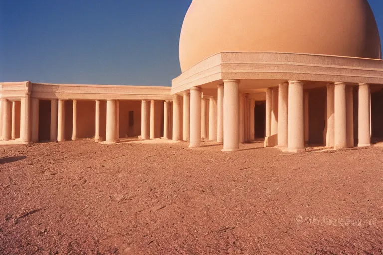 Prompt: film still of complex néoclassical fascist style spherical building in the desert, by Étienne-Louis Boullée cinestill 800t 35mm full-HD