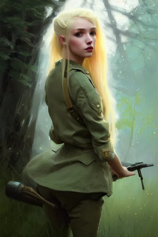 Image similar to cinematic shot of an epic portrait of a cute blonde fairy dressed in military clothes, stylised military clothes, shiny skin, beautiful eyes, beautiful, small details, night setting, realistic poster with volumetric light from jeremy lipkin and michael garmash, craig mallism, artgerm, unreal engine, radiant light, digital art, trends at art station, a masterpiece