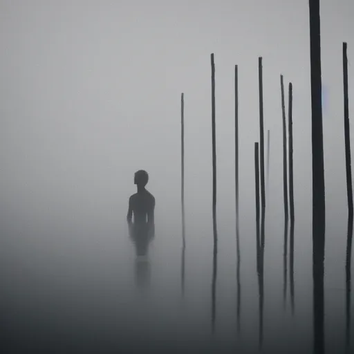 Prompt: person swimming in fog, eerie, dark