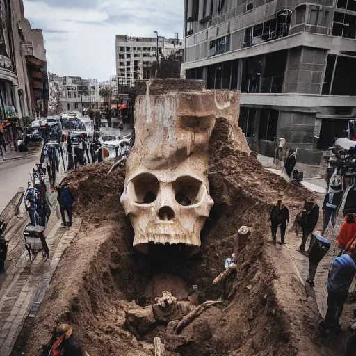 Prompt: photo of a giant skull being excavated in the middle of the city while the media gathers around it, trending on facebook, high definition, cinematic, 8 k