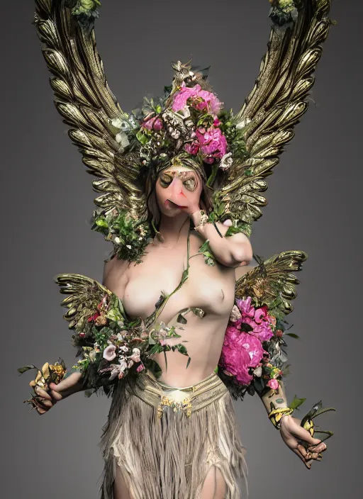 Image similar to full body environmental portrait photo of a goddess as angel, ornate headpiece made from flowers, ornaments, glamour shot by gemmy woud - binnendijk, chris knight, photorealistic, canon r 3, fashion photography, ornate, elegant, luxury and elite, symmetrical features, octane render, unreal engine, solid dark grey background, clamp shell lighting