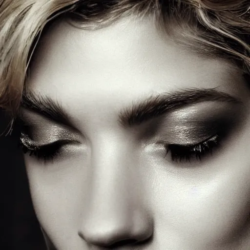 Image similar to A beautiful portrait of Martha Hunt as a model at Chanel fashion show as a model Spring/Summer 2010, highly detailed, in the style of cinematic, Milan fashion week backstage, Extreme close up, Makeup by Pat McGrath, Hair by Guido Palau