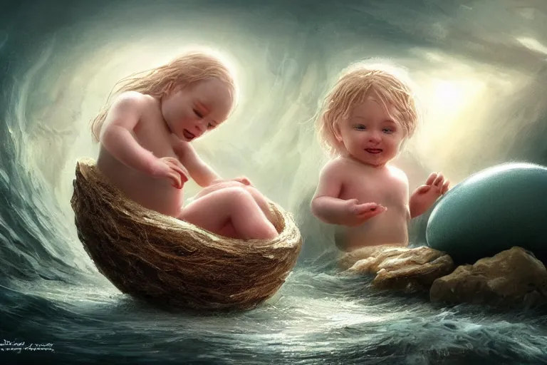 Image similar to a baby mermaid hatching out of a egg, matte painting, concept art, digital art, trending on artstation, 4 k, extremely detailed, realistic, fantasy art,