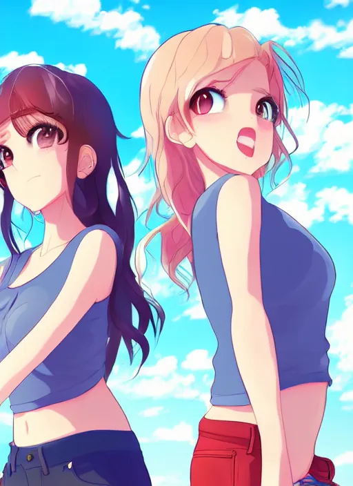 Image similar to two beautiful women under a blue sky, casual summer clothes, gorgeous faces, thick lines, cinematic lighting, detailed anime art