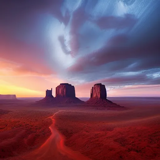 Prompt: landscape photography by marc adamus, monument valley, waterfalls, blue hour, high quality