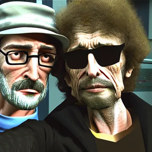 Prompt: gordon freeman and bob dylan taking a selfie together, realistic, hyperrealistic, ultra realistic, real, real world, highly detailed, very detailed, extremely detailed, intricate details, 8 k resolution, hd quality, selfie, low quality, blurry