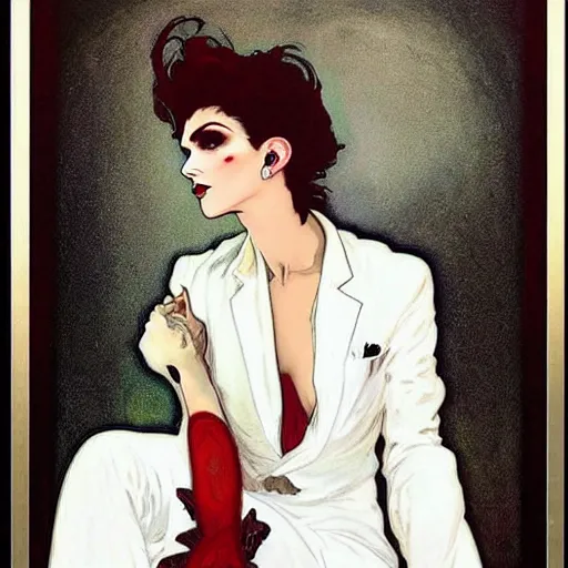 Prompt: graceful portrait of androgynous ruby rose as desire from sandman in a white tuxedo!!!, rockabilly style,, by alphonse mucha, by jeremy mann, by peter lindbergh, dave mckean, by frank moth, white suit and black tie, soft lightning, high detailed, 8 k