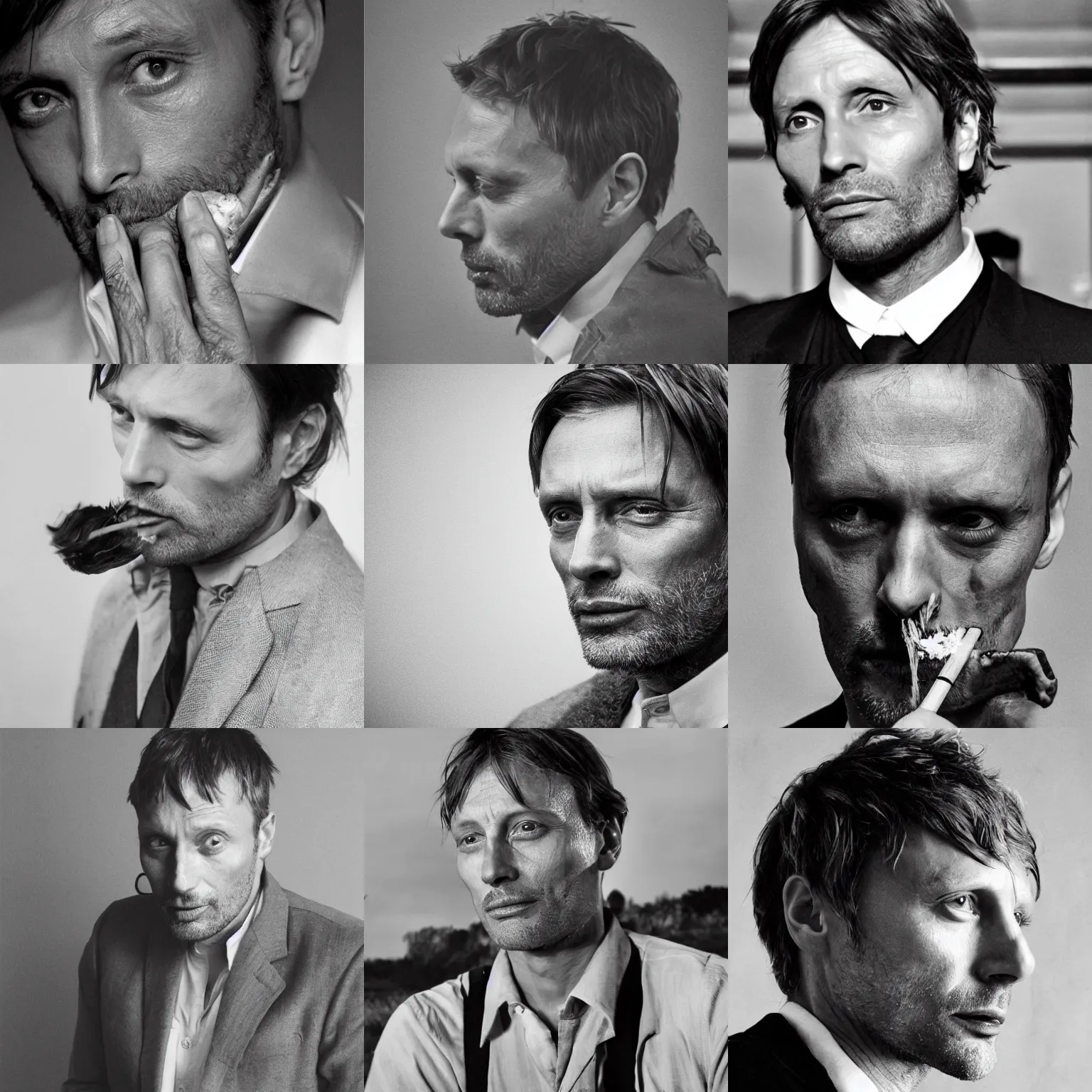 Prompt: Mads Mikkelsen smoking, portrait black and white