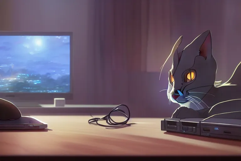 Image similar to a nerdy caracal is programming at a computer in a room full of gadgets, by makoto shinkai and ghibli studio, dramatic lighting, highly detailed, incredible quality, trending on artstation