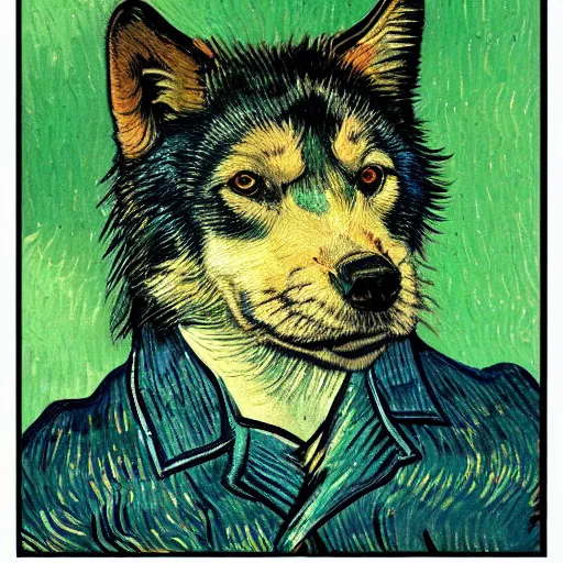 Image similar to retarded wolf portrait, van gogh, complimentary colors