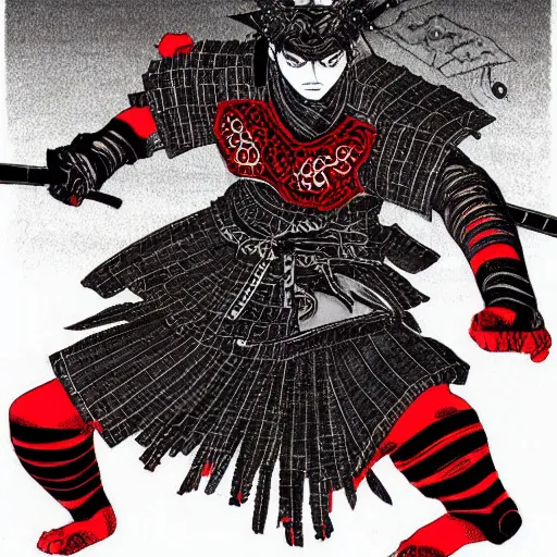 Image similar to Samurai by Kentaro Miura, horror, black and red color scheme