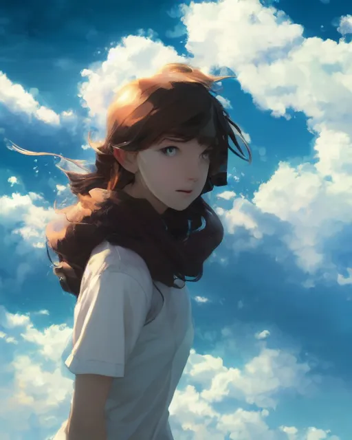 Image similar to a girl made of clouds and sky, full shot, atmospheric lighting, detailed face, by makoto shinkai, stanley artgerm lau, wlop, rossdraws