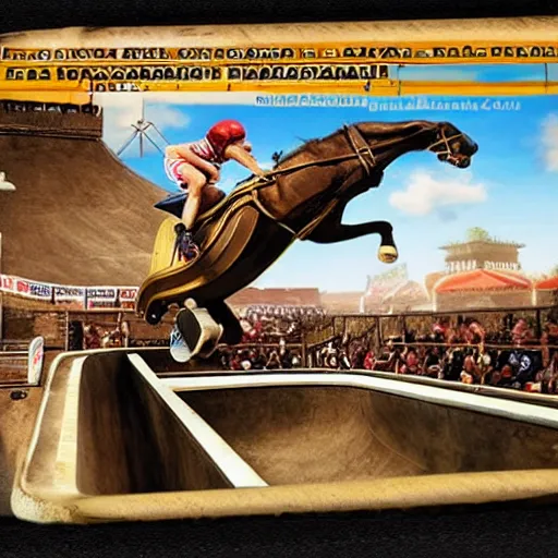 Prompt: roman horse chariot racer high jump in a skate park half-pipe, video game cover