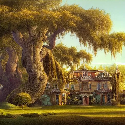 Image similar to mansion in a willow tree grove, Darrell K Sweet, artstation