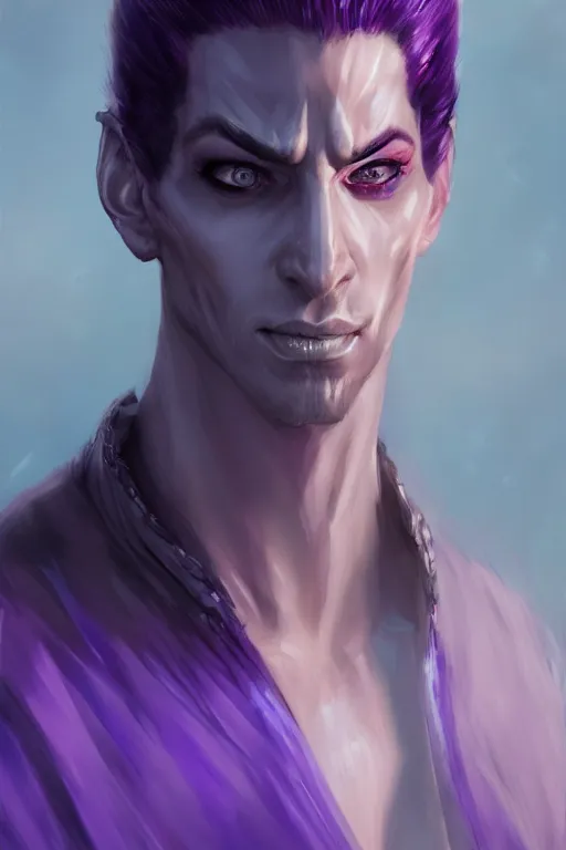 Image similar to male djinn man demon hybrid, portrait, concept art, full body purple and white cloak, single face, illustration, costume design, white horns, editorial photo, fashion, hyperrealism, realism, trending on artstation, Charlie Bowater, WLOP