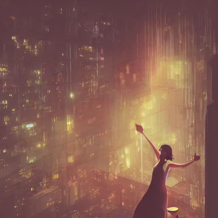 Prompt: dancing girl wearing a gown, short hair, bed room, cyberpunk city view out of the window, no lights in bedroom, bright neon lights from the city, elegant, highly detailed, artstation, soft lights, night, fog, sharp focus