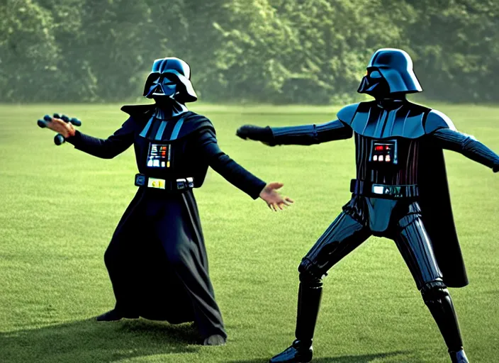 Image similar to film still of Darth Vader plays frisbee with Luke Skywalker in the new Star Wars movie, 4k