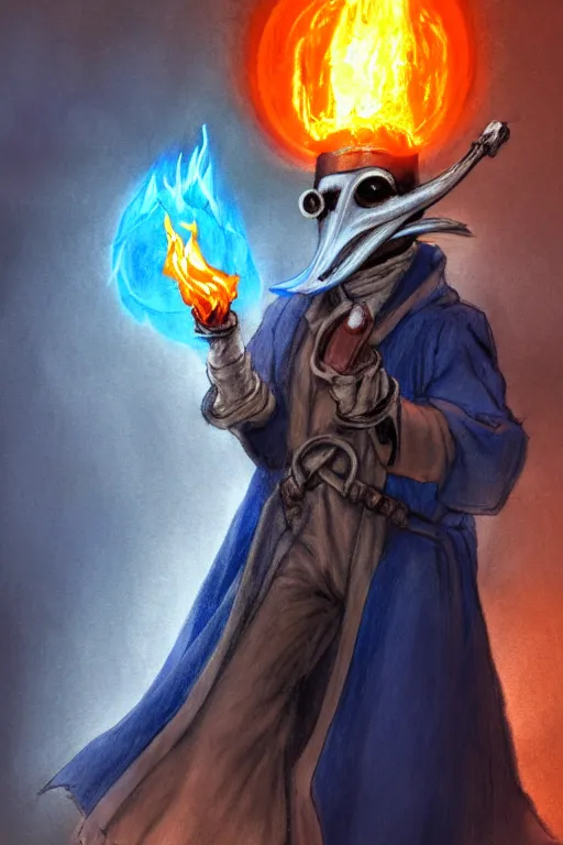 Image similar to a color pencil sketch of a plague doctor with a white plague mask and a blue wizard robe holding his right hand casting a orange firey spell, as a d & d character, blue robe, magical, blue and orange highlights, hip hop aesthetic, concept sheet, painting by gaston bussiere, demon slayer, akiri toriyama, dramatic lighting, professional digital art, anime