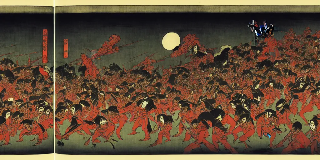 Prompt: an army of undead, at dusk, by Utagawa Kuniyoshi, dramatic lighting, high contrast colors, panoramic view, as trending on Artstation,