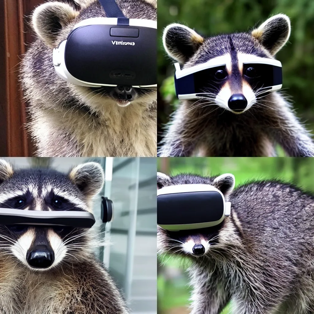 Prompt: a raccoon wearing a VR headset
