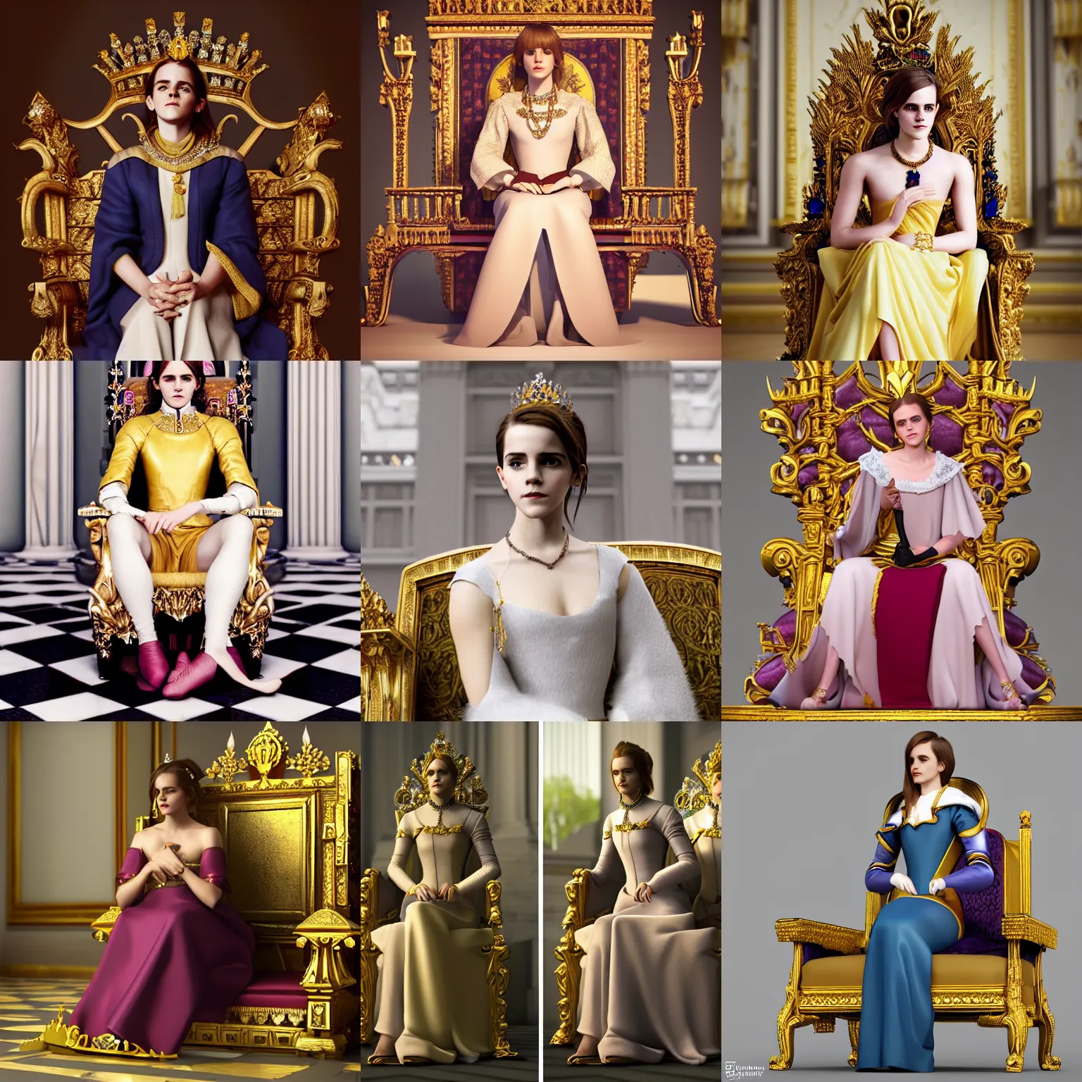 Prompt: model Emma Watson sitting on queens throne royalty wearing royal mantle gold jewelry by moebius and atey ghailan by james gurney by vermeer by George Stubbs unreal engine raytracing cgsociety blender