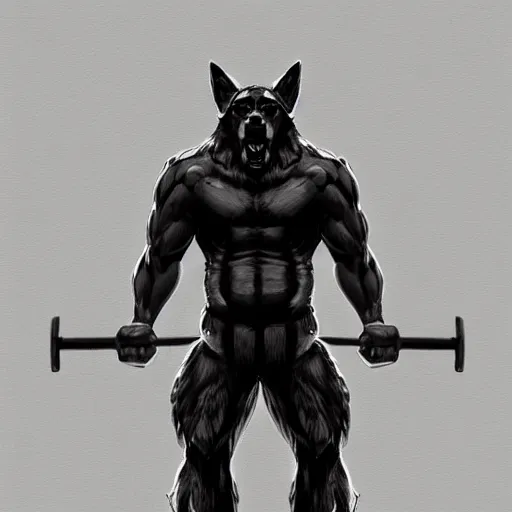 Image similar to a humanoid german shepherd beast - man, wearing gym suit, trains in the gym, artstation, concept art, smooth, sharp foccus ilustration, artstation