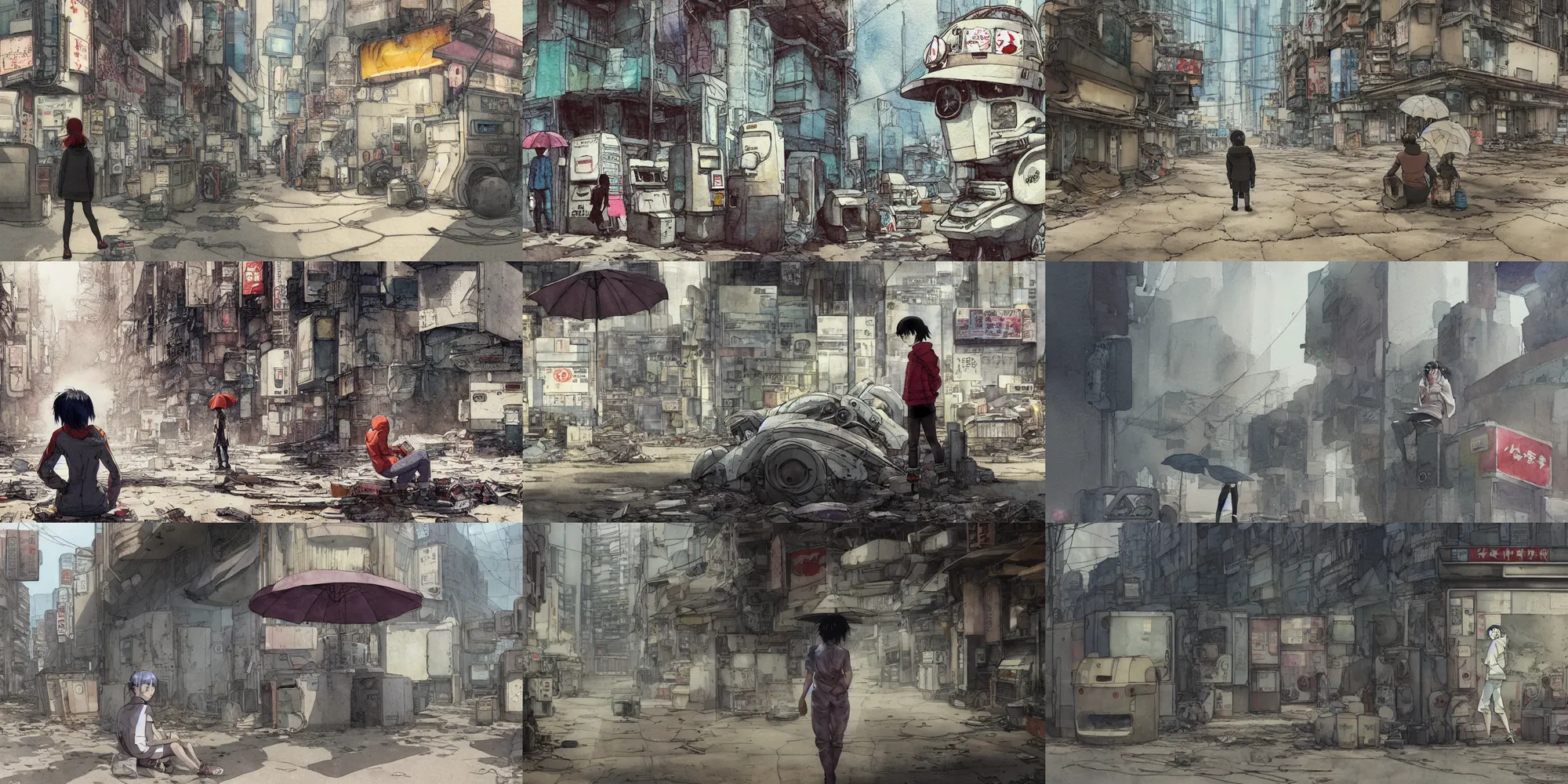 Prompt: incredible curvilinear screenshot, simple watercolor, paper texture, katsuhiro otomo ghost in the shell movie scene, distant shot of hoody girl side view sitting under a parasol in deserted dusty shinjuku junk town, broken vending machines, old pawn shop, bright sun bleached ground, mud, fog, dust, windy, scary chameleon face muscle robot monster lurks in the background, robot ghost mask, teeth, animatronic, black smoke, pale beige sky, junk tv, texture, strange, impossible, fur, spines, mouth, pipe brain, shell, brown mud, dust, bored expression, overhead wires, telephone pole, dusty, dry, pencil marks, genius party,shinjuku, koju morimoto, katsuya terada, masamune shirow, tatsuyuki tanaka , hd, 4k, remaster, dynamic camera angle, deep 3 point perspective, fish eye, dynamic scene